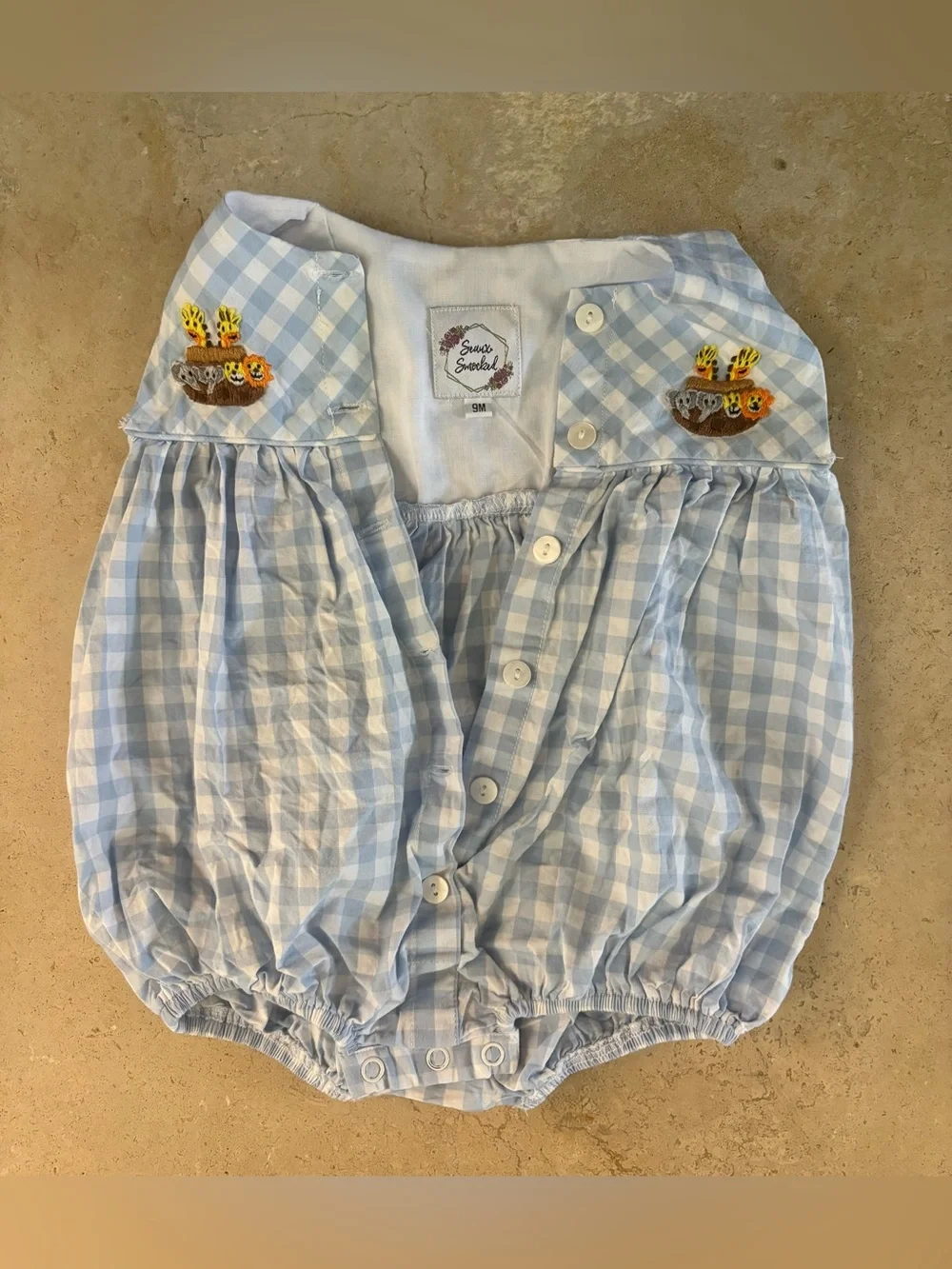 Seaux Smocked Blue Gingham Noah’s Ark Button Down Bubble size 9 months